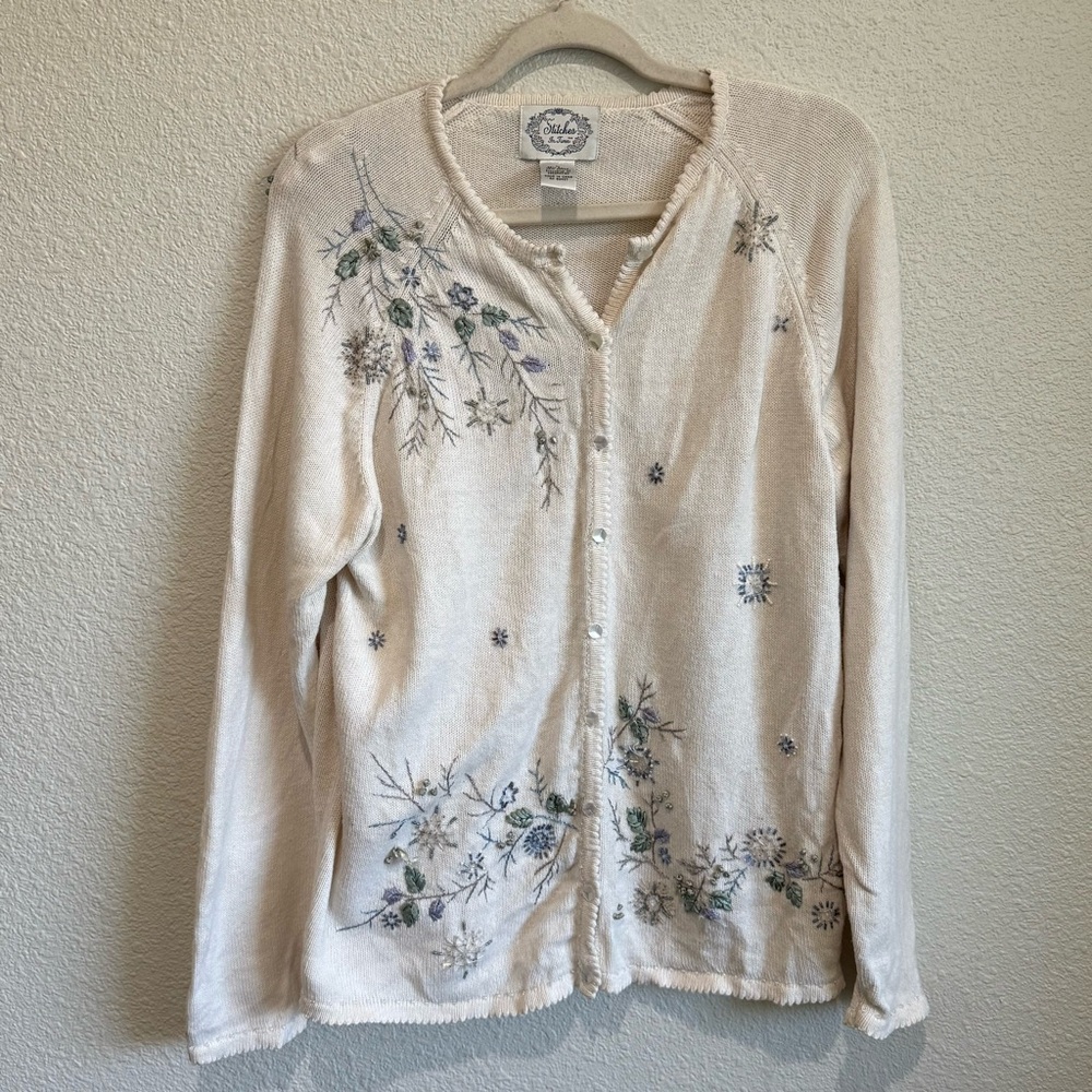 VTG Stitches In Time Cardigan Women's M White Embroidered Sweater Cottagecore